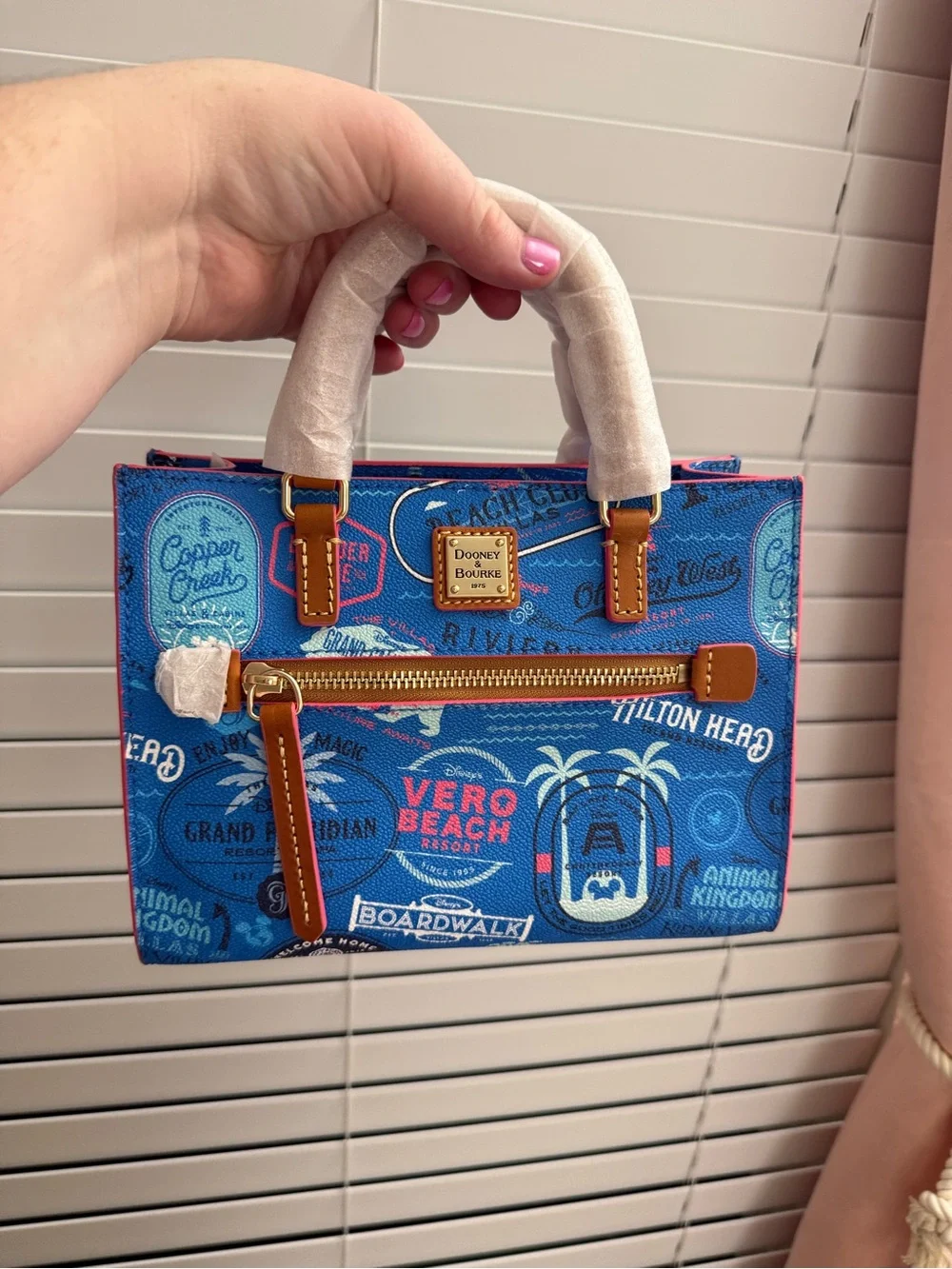 Dooney & Bourke Blue Resort Print Satchel with Tan Trim